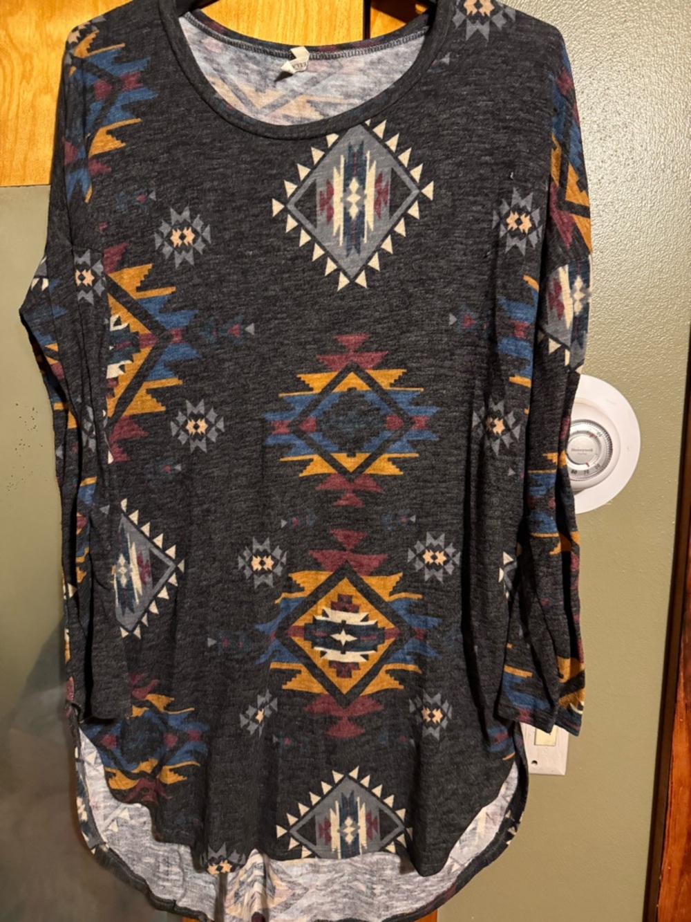 Bellamie Charcoal Aztec-Print Long Sleeve Tee with Mustard & Blue Accents